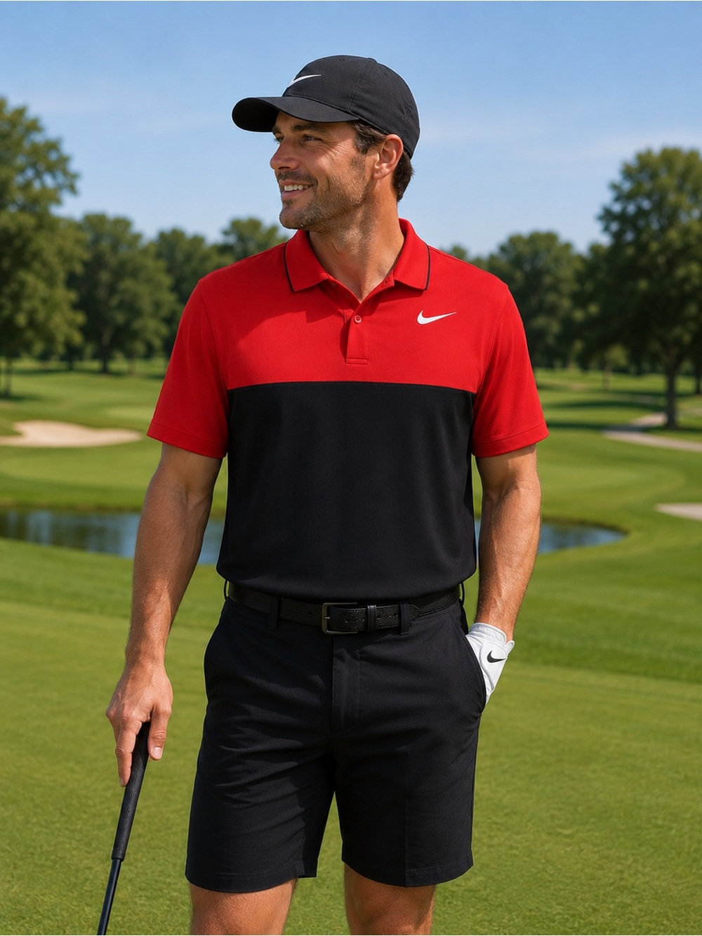Nike Golf Medium Red and Black Colorblock DRI-FIT Polo